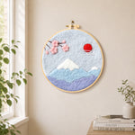 Minimalist mount fuji needle felt wall art displayed in a bright home interior