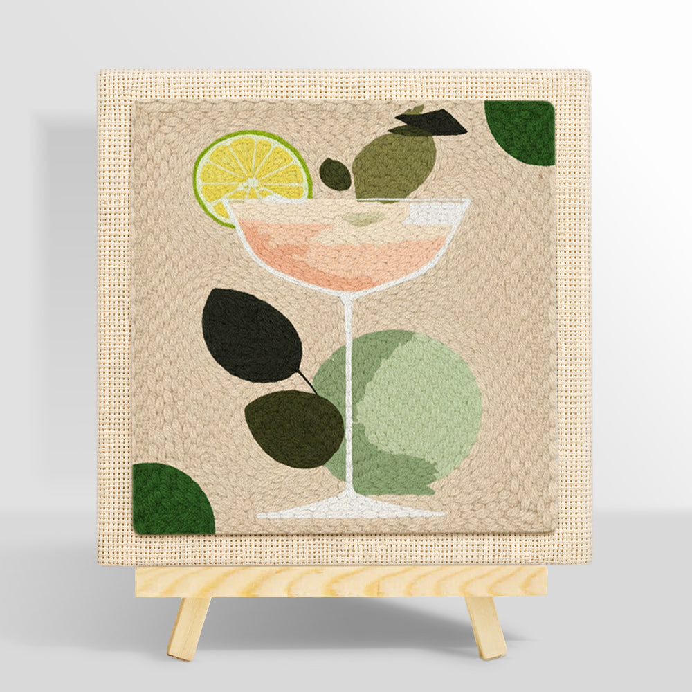 Minimalist peach cocktail with lime punch needle kit for beginners