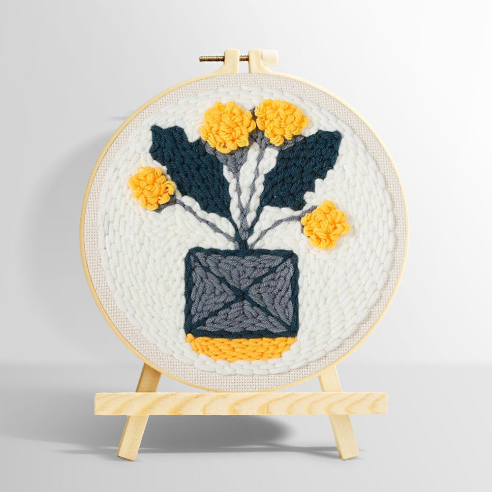 Minimalist potted yellow flowers punch needle kit for beginners