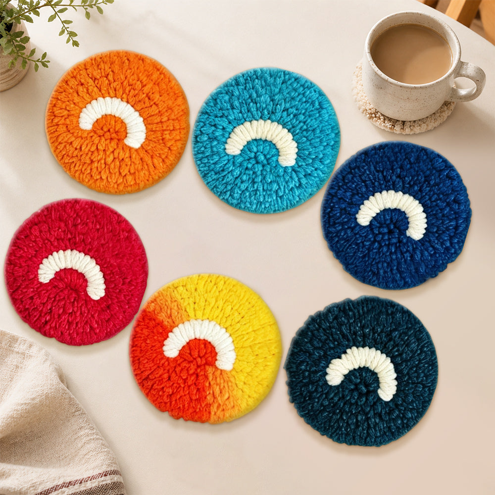 Minimalist rainbow arc punch needle coasters used for home decoration