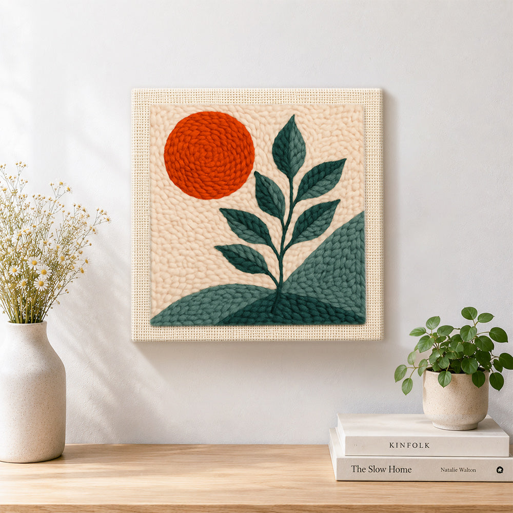 Finished minimalist sun and plant artwork displayed on a wall