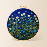 Mint green and blue roses at night needle felting kit for beginners with a round wooden frame