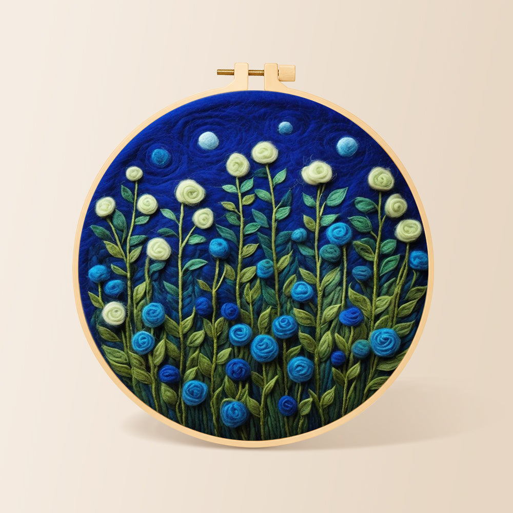 Mint green and blue roses at night needle felting kit for beginners with a round wooden frame