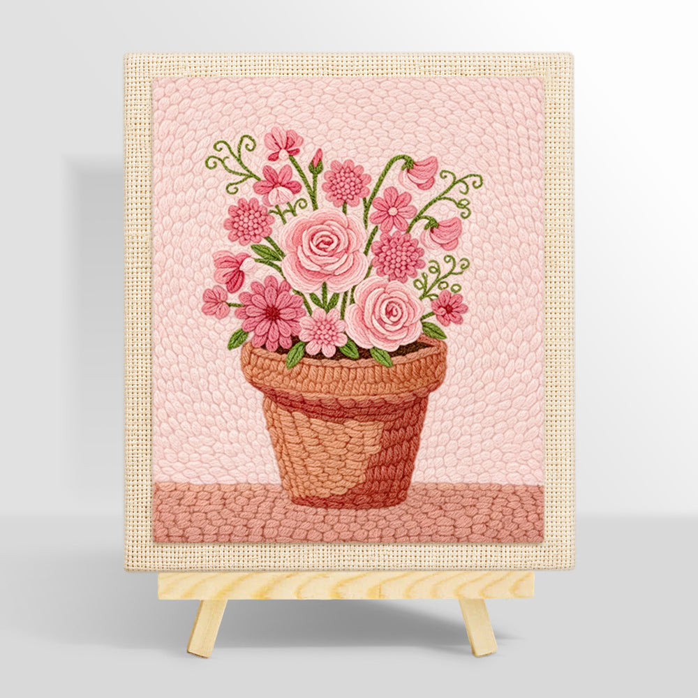 Mixed pink blooms in pot punch needle kit for beginners
