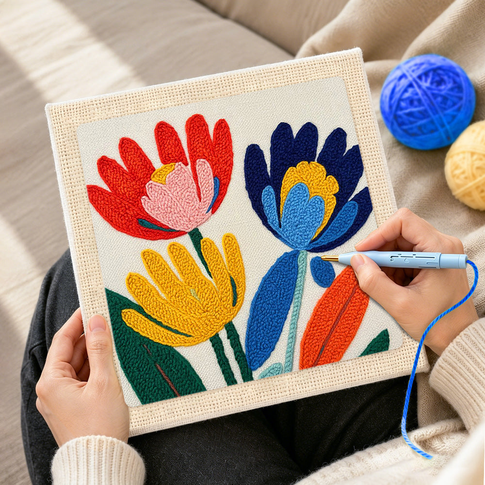 Creating handmade modern abstract and colourful flowers punch needle artwork