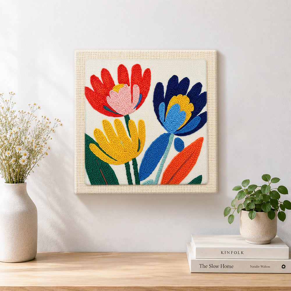 Finished modern abstract and colourful flowers artwork displayed on a wall