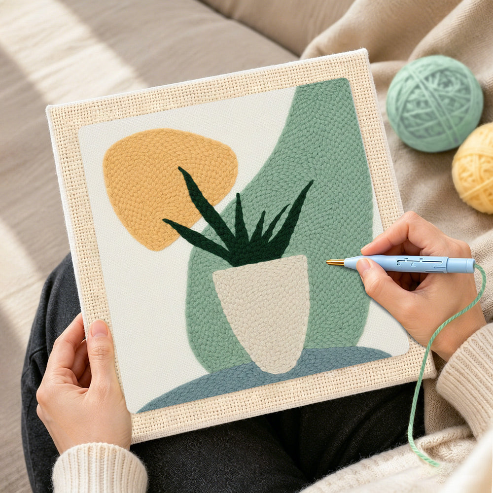 Creating handmade modern abstract bonsai succulent punch needle artwork