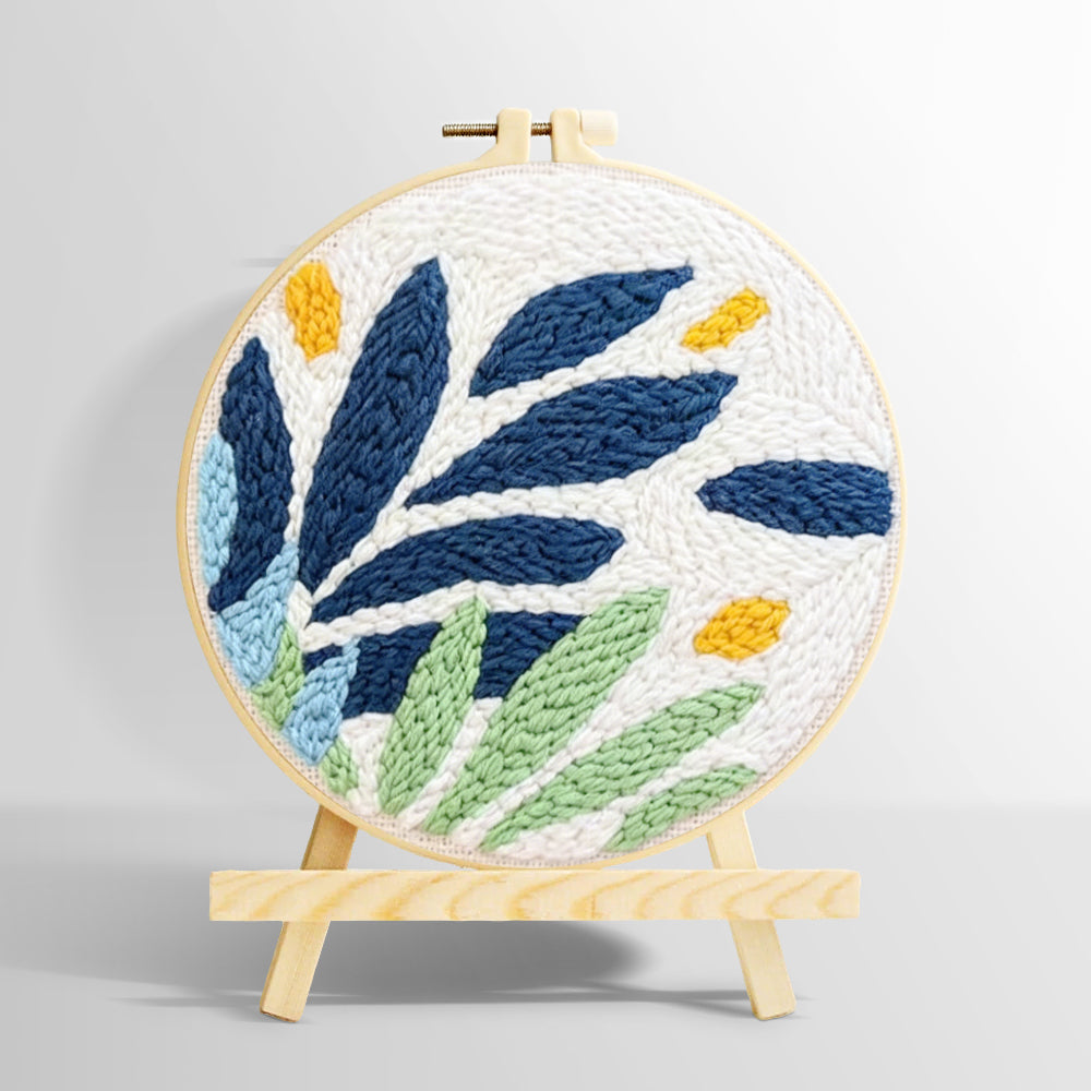 Modern blue and green leaves punch needle kit for beginners