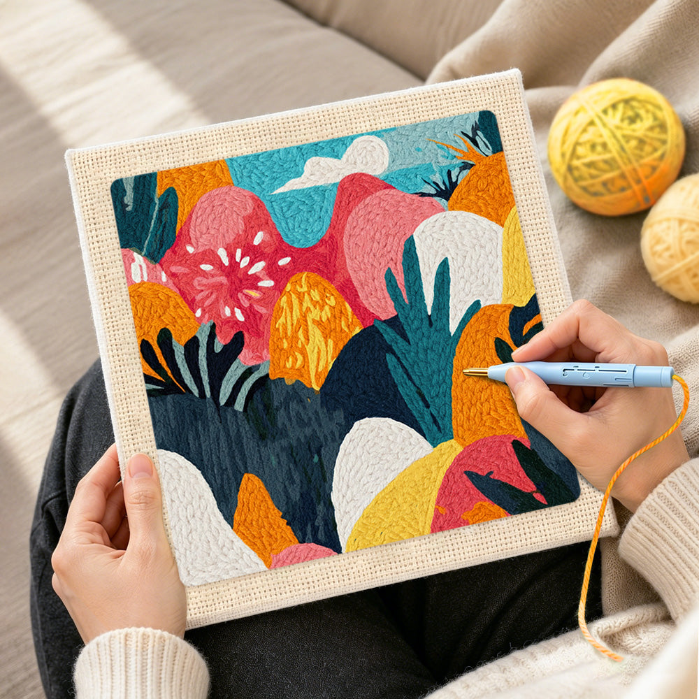 Creating handmade modern floral and mountain pattern punch needle artwork