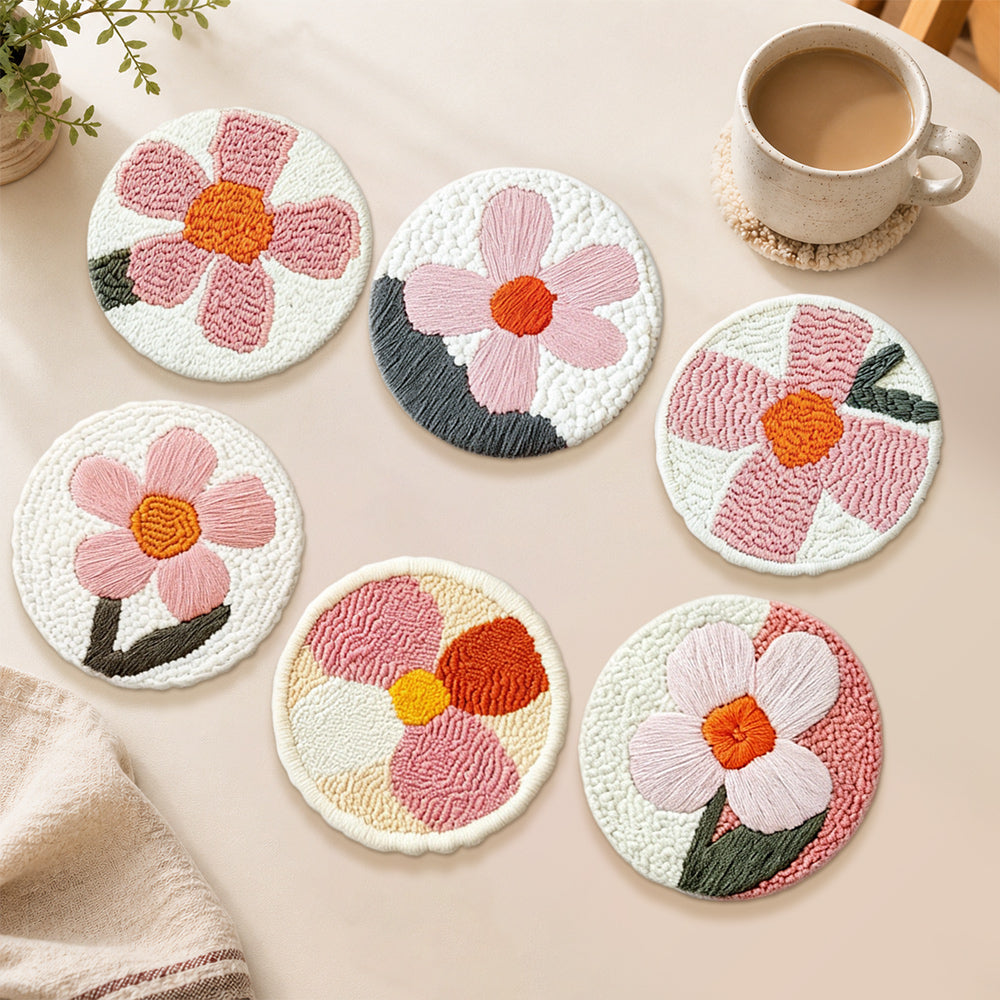 Modern pink floral punch needle coasters used for home decoration