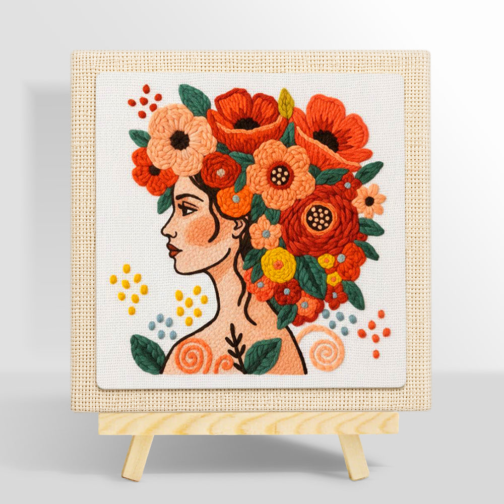 Modern woman with vibrant floral crown punch needle kit for beginners