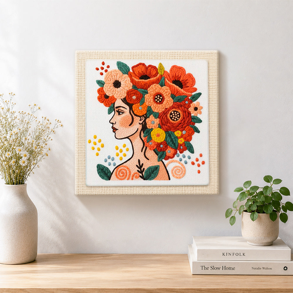 Finished modern woman with vibrant floral crown artwork displayed on a wall