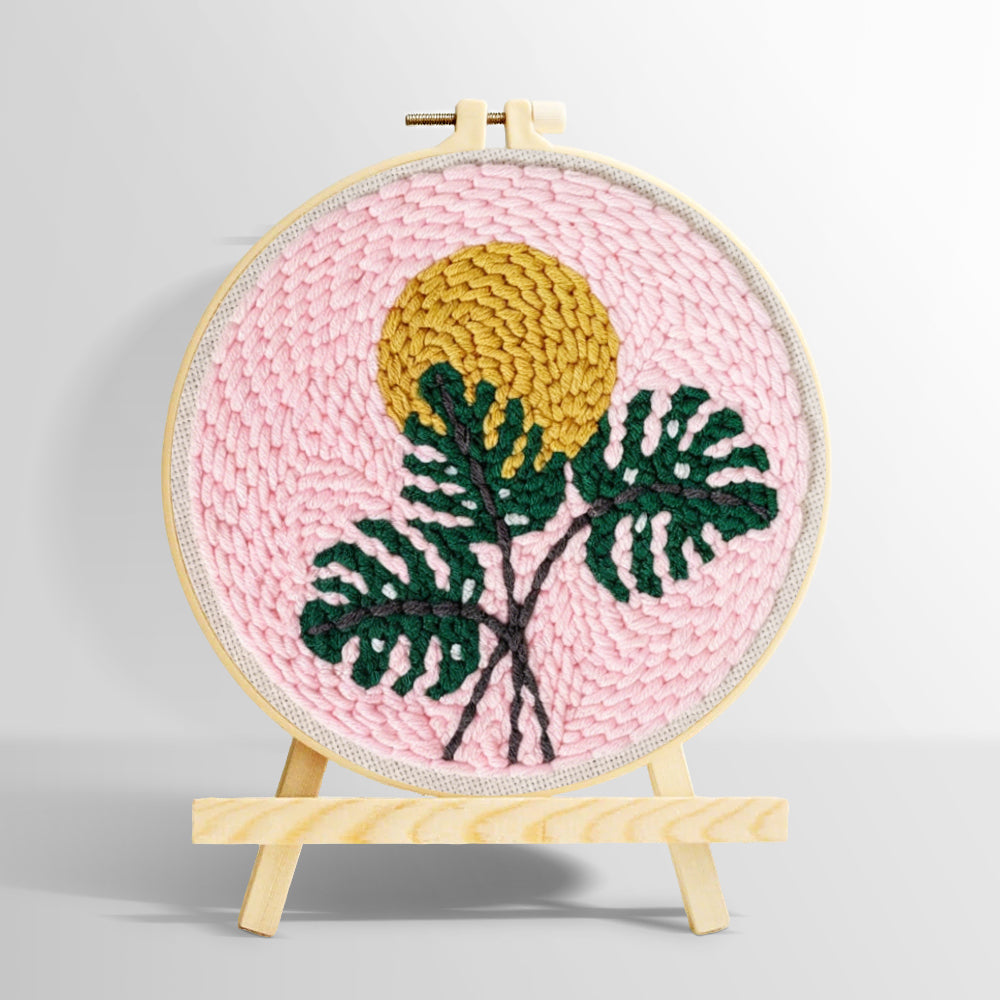 Monstera leaf and golden sun punch needle kit for beginners