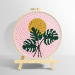 Monstera leaf and golden sun punch needle kit for beginners
