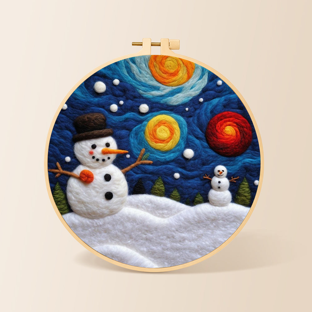 Moon and snowman under the starry sky needle felting kit for beginners with a round wooden frame