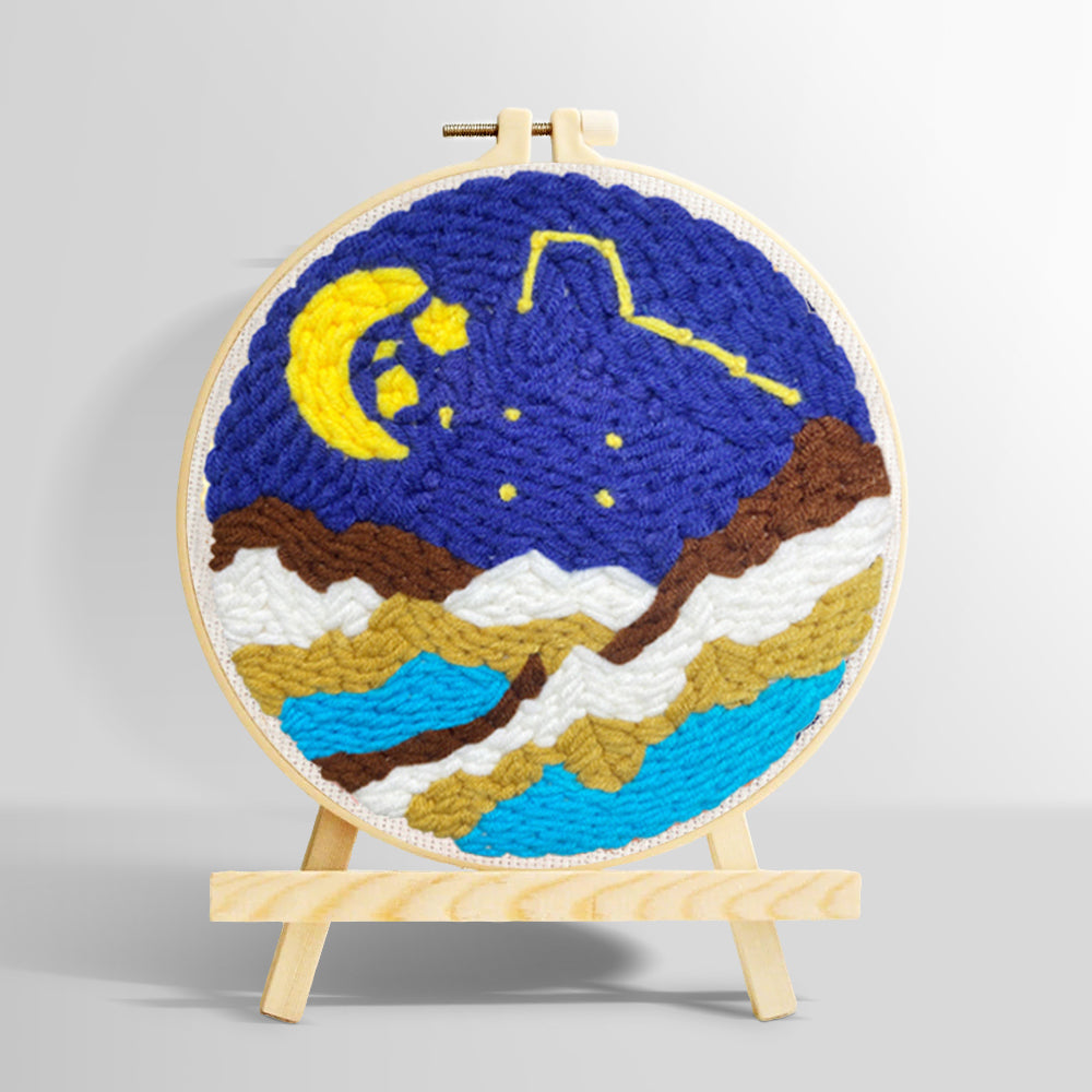 Moon and starry night over mountains punch needle kit for beginners