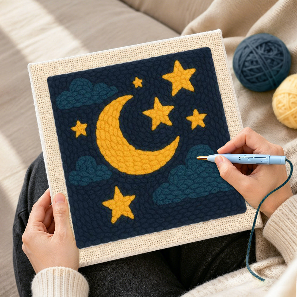 Creating handmade moon and stars punch needle artwork