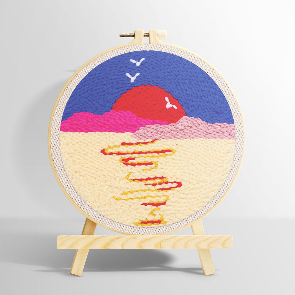 Moon over sea with birds at sunset punch needle kit for beginners