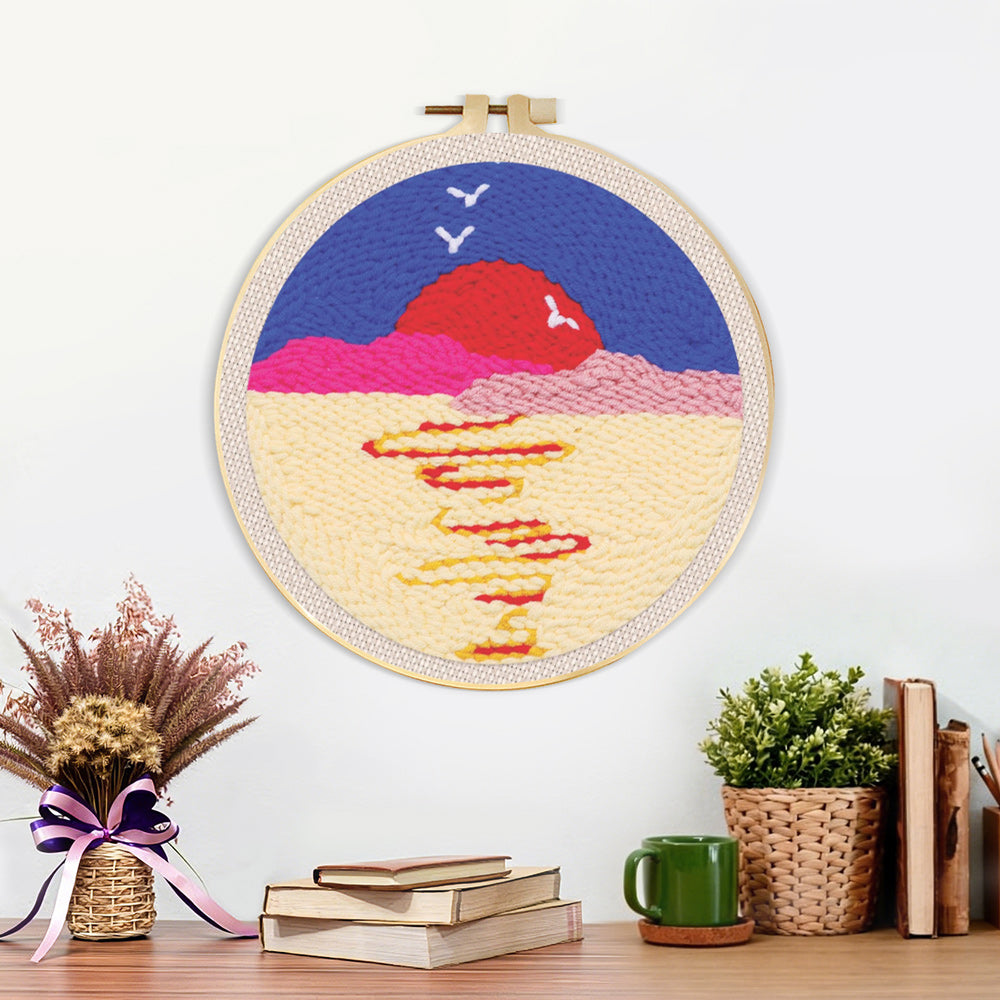Finished moon over sea with birds at sunset artwork displayed on a wall