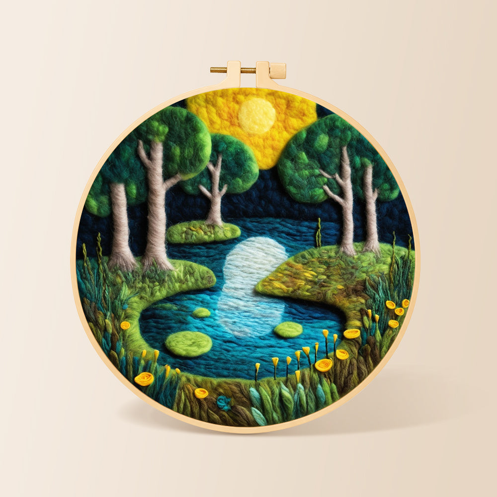 Moonlit forest lake needle felting kit for beginners with a round wooden frame