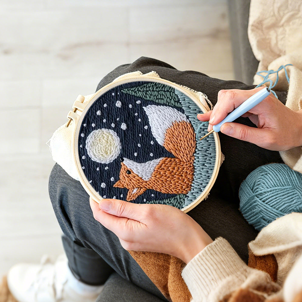 Creating handmade moonlit fox punch needle artwork