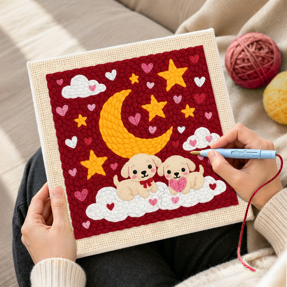 Creating handmade moonlit puppies on clouds punch needle artwork