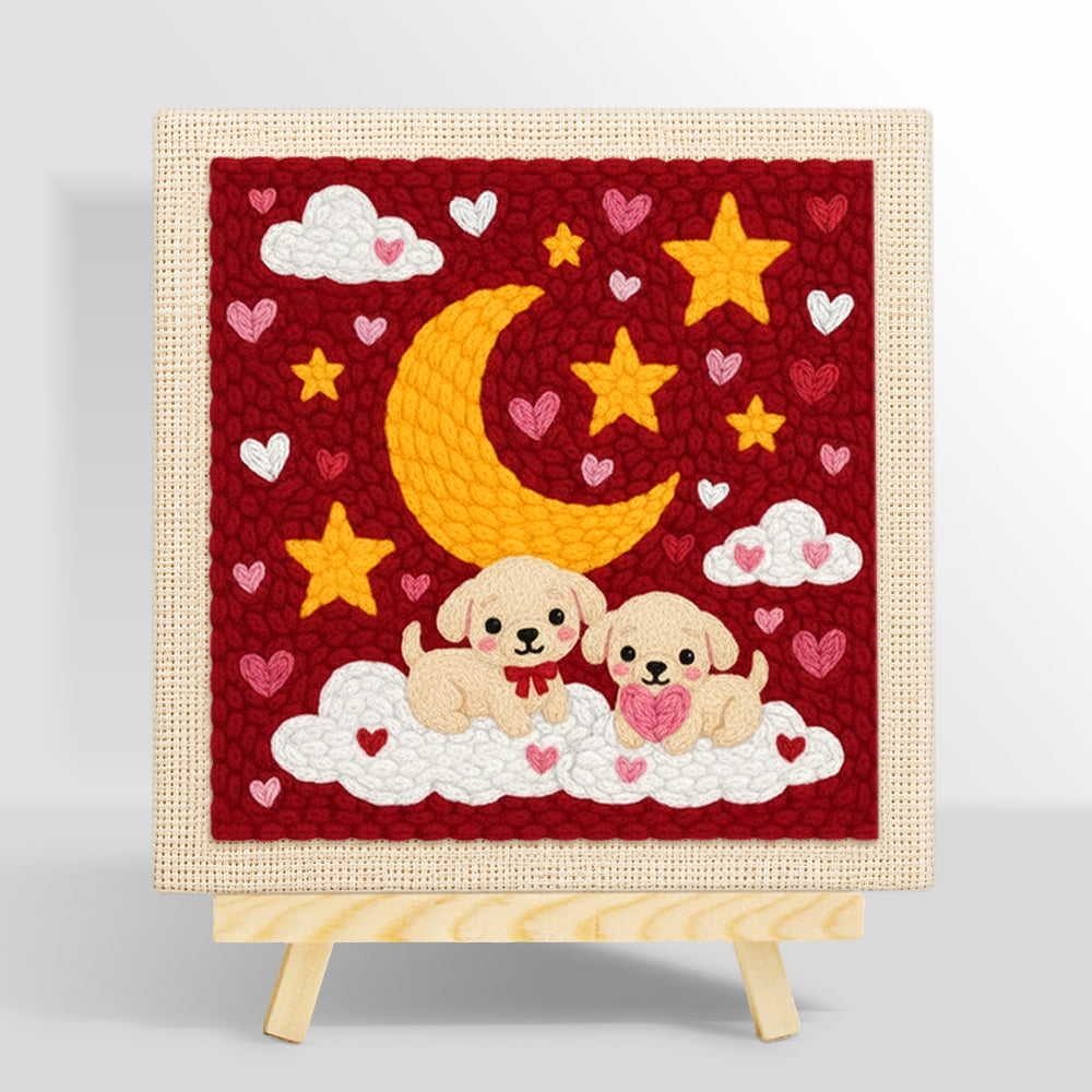Moonlit puppies on clouds punch needle kit for beginners