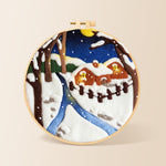 Moonlit snowy cabin with warm glow needle felting kit for beginners with a round wooden frame