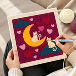 Creating handmade moonlit white cats on clouds punch needle artwork