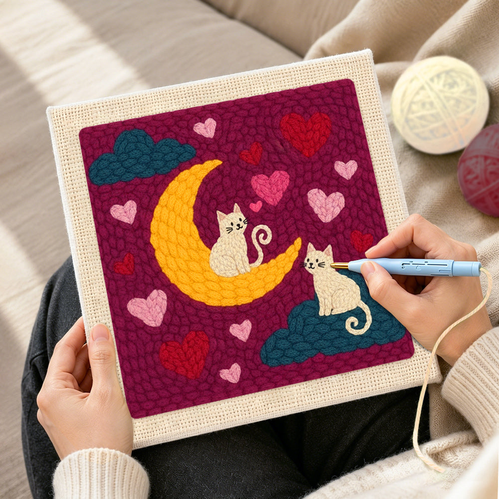 Creating handmade moonlit white cats on clouds punch needle artwork