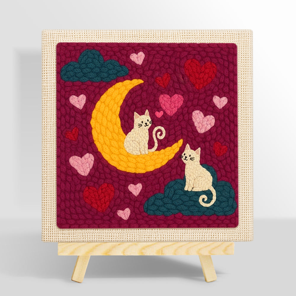Moonlit white cats on clouds punch needle kit for beginners