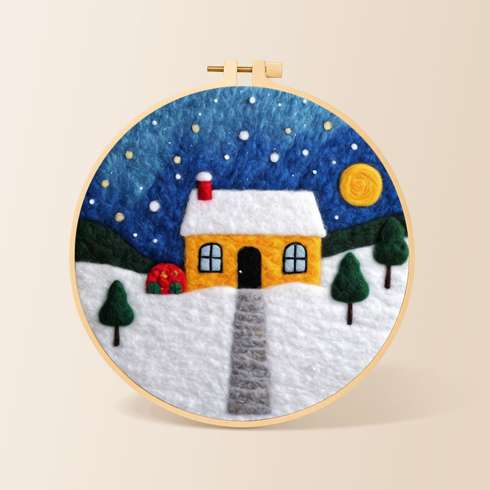 Moonlit yellow house and red bushes needle felting kit for beginners with a round wooden frame