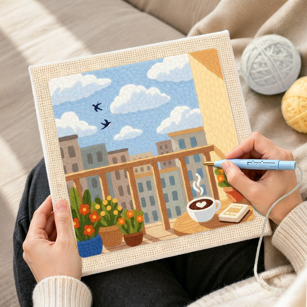 Creating handmade morning coffee balcony and city skyline punch needle artwork