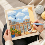 Creating handmade morning coffee balcony and city skyline punch needle artwork
