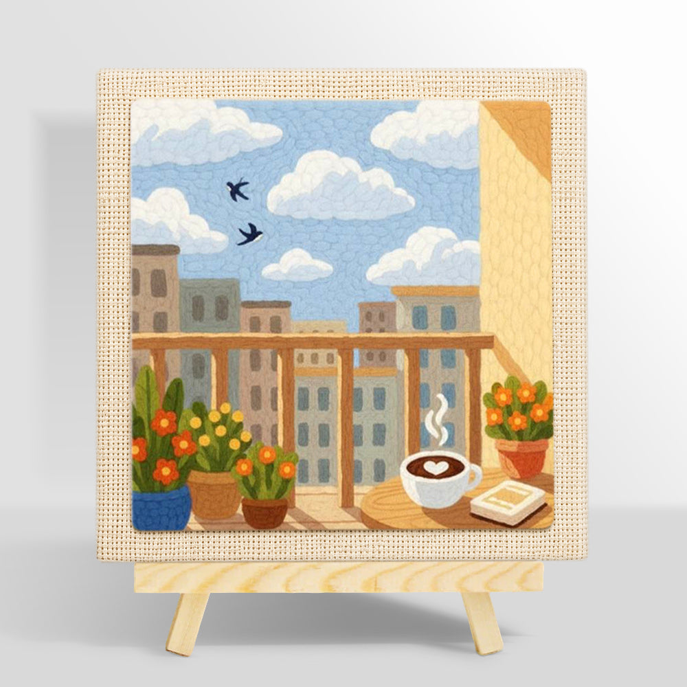 Morning coffee balcony and city skyline punch needle kit for beginners