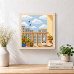 Finished morning coffee balcony and city skyline artwork displayed on a wall