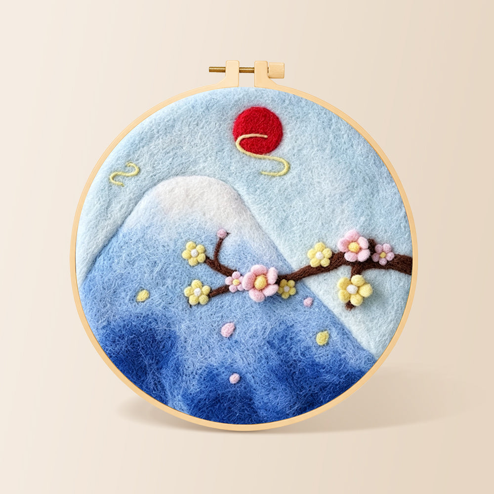 Mount fuji and cherry blossom needle felting kit for beginners with a round wooden frame