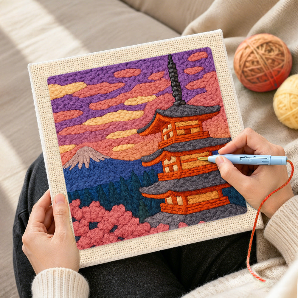 Creating handmade mount fuji and pagoda punch needle artwork