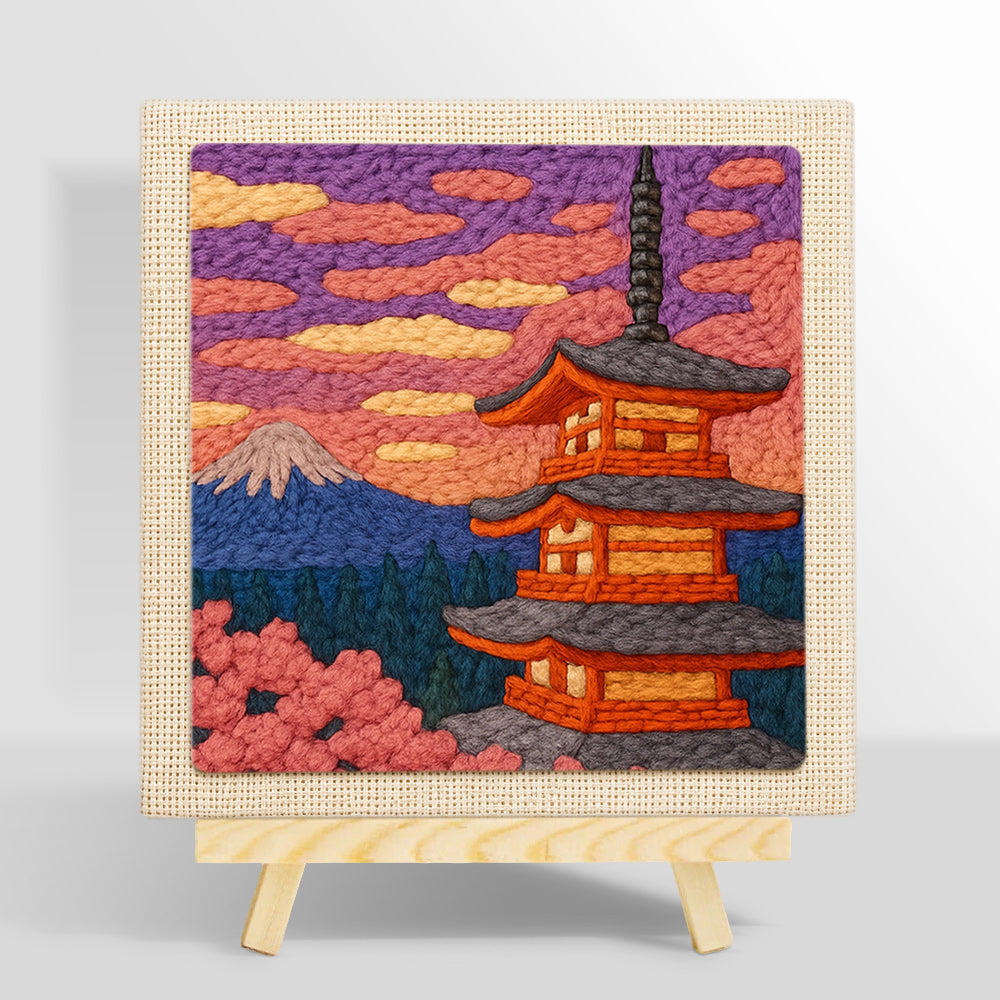 Mount fuji and pagoda punch needle kit for beginners