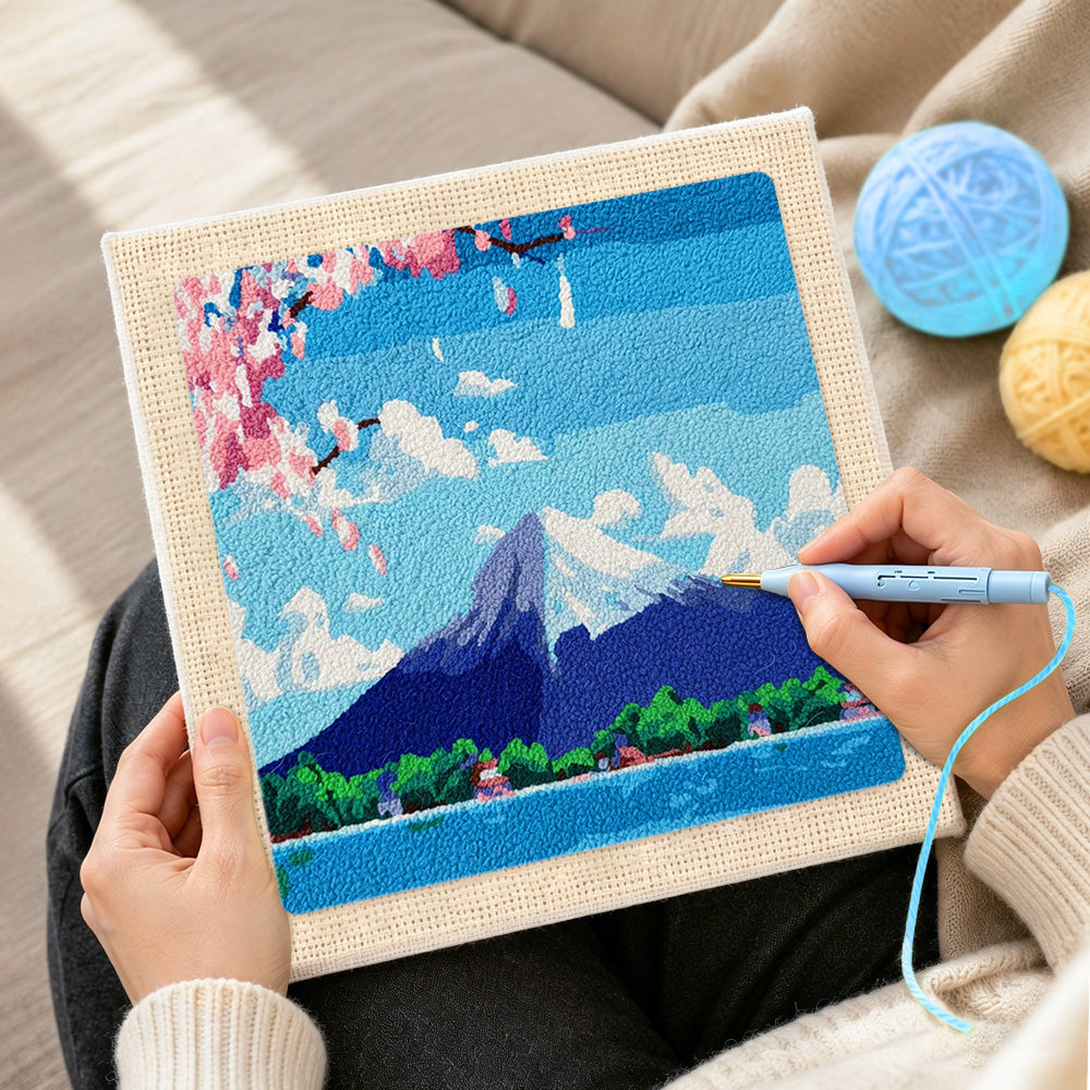 Creating handmade mount fuji under the blue sky punch needle artwork