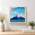 Finished mount fuji under the blue sky artwork displayed on a wall