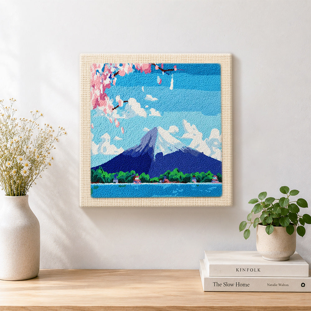 Finished mount fuji under the blue sky artwork displayed on a wall