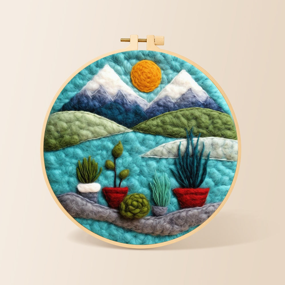 Mountain and potted plants needle felting kit for beginners with a round wooden frame