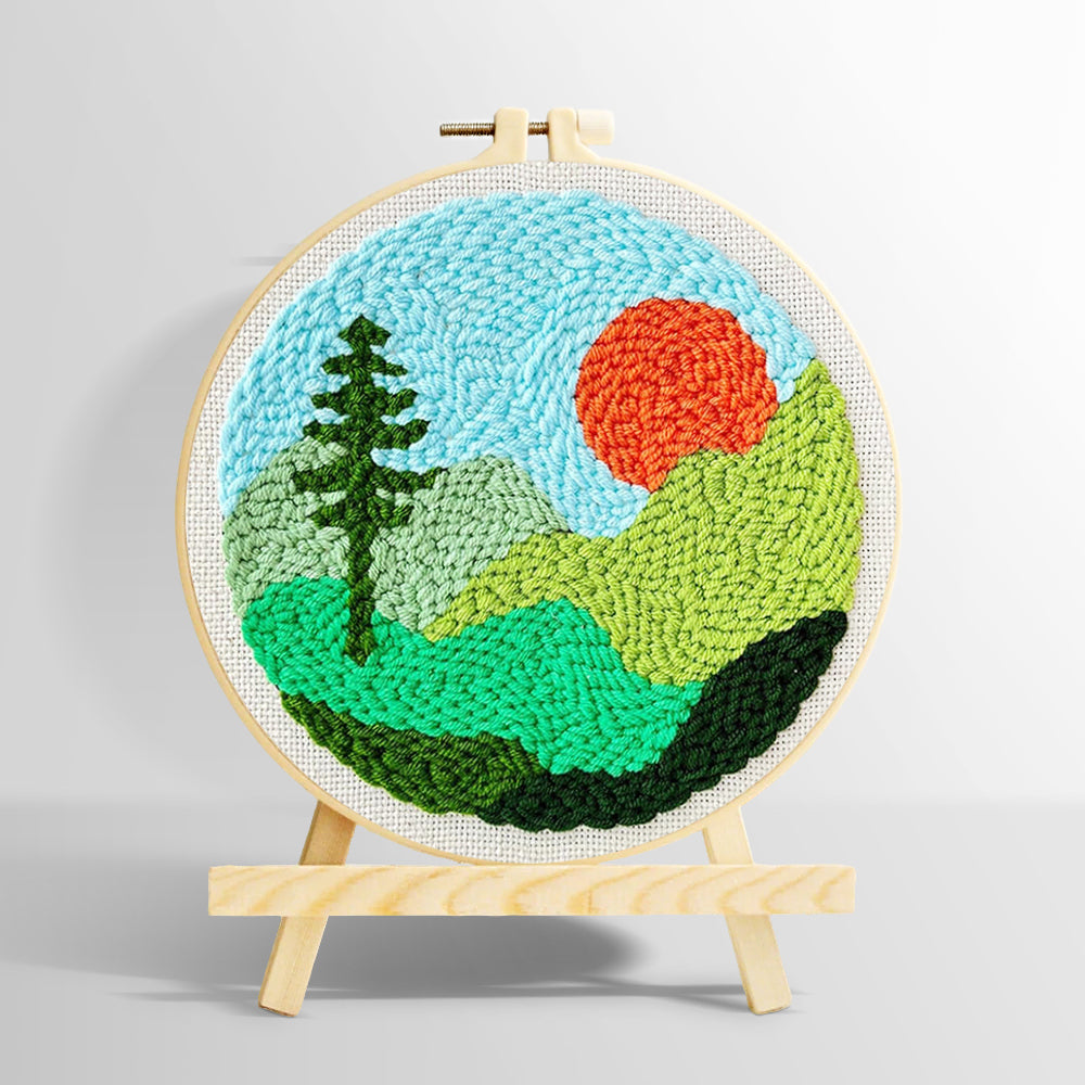 Mountain landscape with sun and tree punch needle kit for beginners