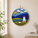 Mountains and white tower at night needle felt wall art displayed in a bright home interior