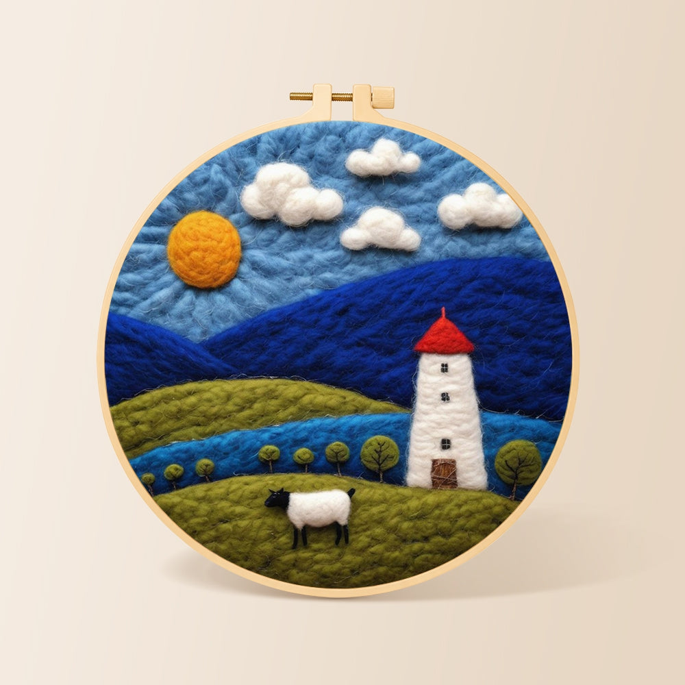 Mountains and white tower at night needle felting kit for beginners with a round wooden frame