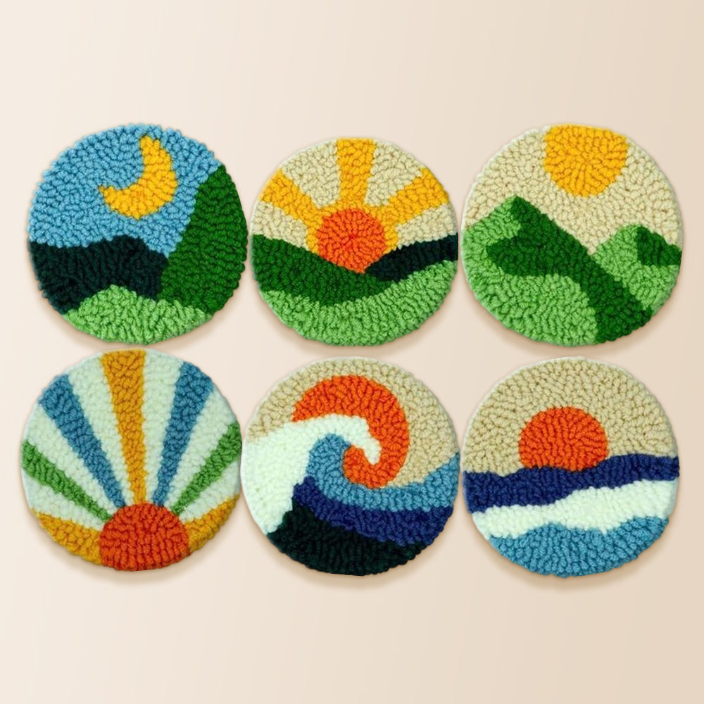 Mountains, sunrise and sea punch needle coaster kit finished handmade coasters