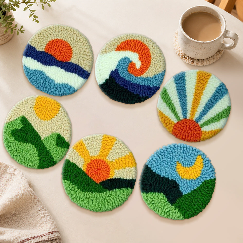 Mountains, sunrise and sea punch needle coasters used for home decoration