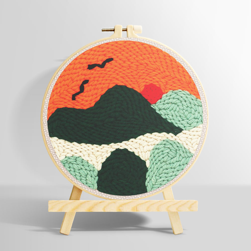Mountains with flying birds at sunset punch needle kit for beginners