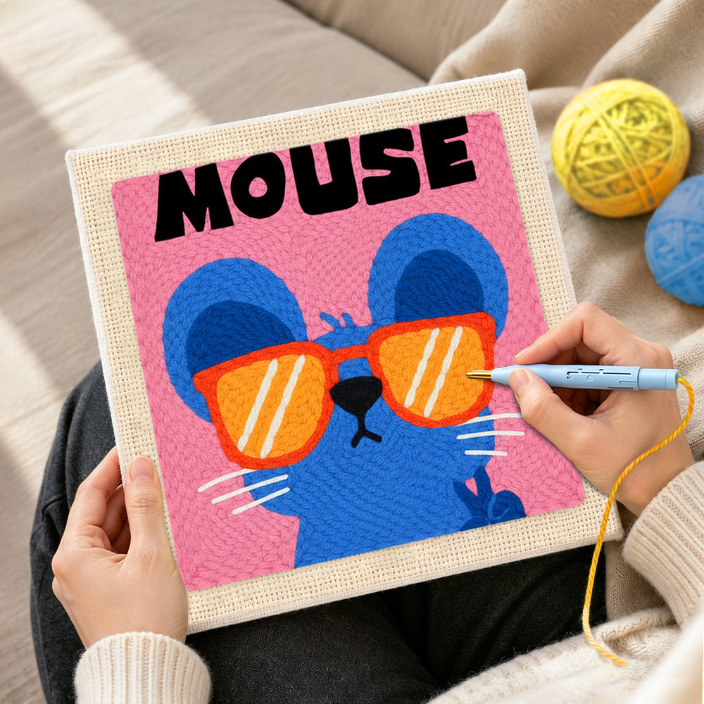 Creating handmade mouse with sunglasses punch needle artwork